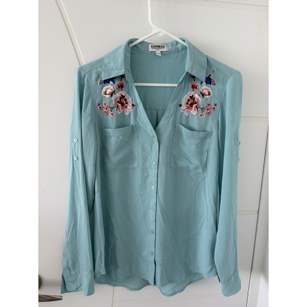 Express Portofino Shirt Women Small Blue Bird Floral Embroidered Roll Tab Blouse
